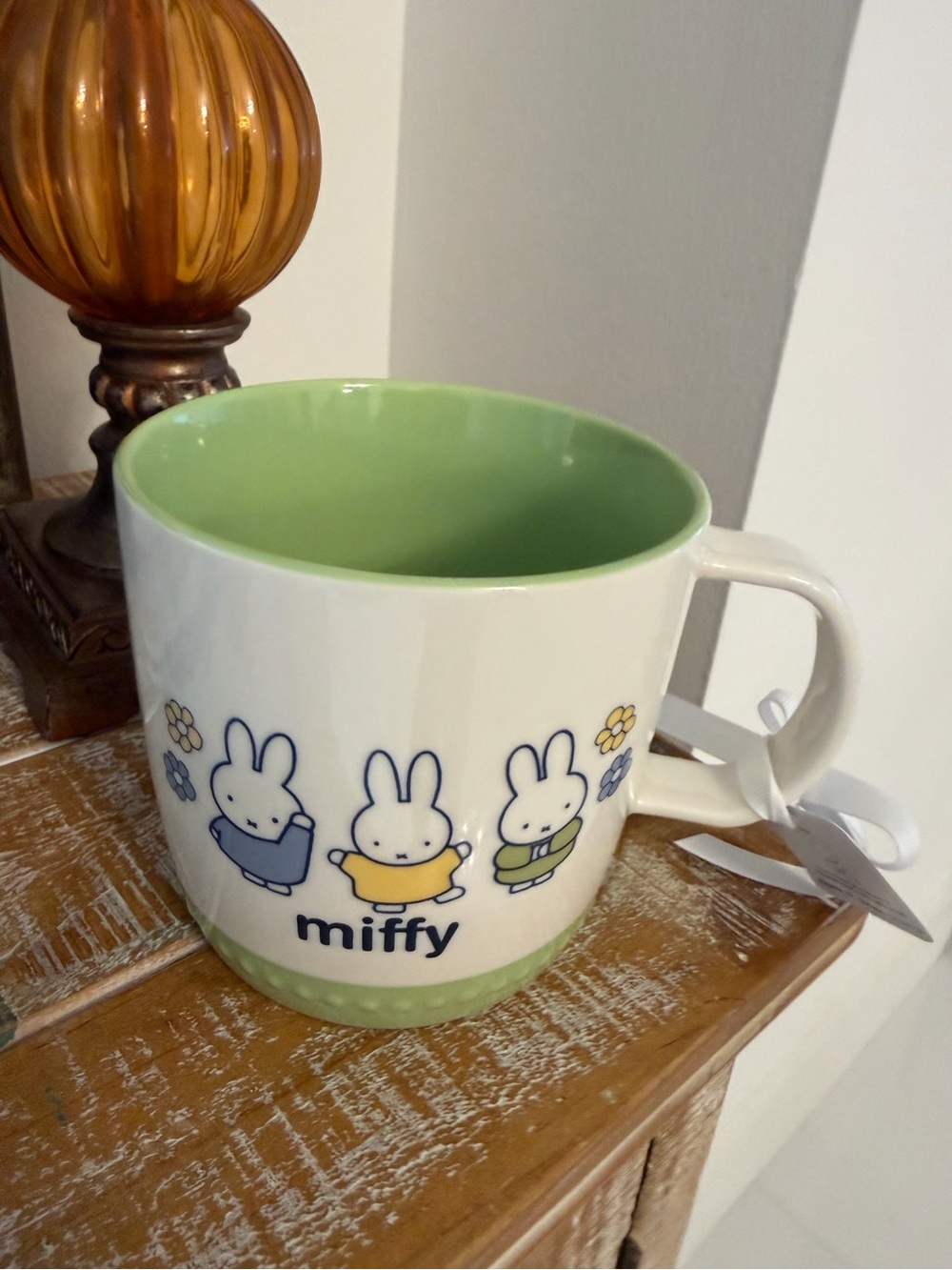 Magenta Miffy Ceramic Mug - White with Green Interior and Pastel Characters